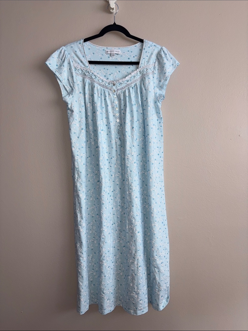 Eileen West Blue Ditsy Floral Cotton Knit Nightgown Lace Trim - Size M